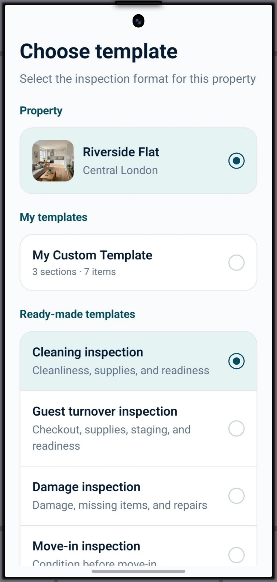 Choose inspection template screenshot