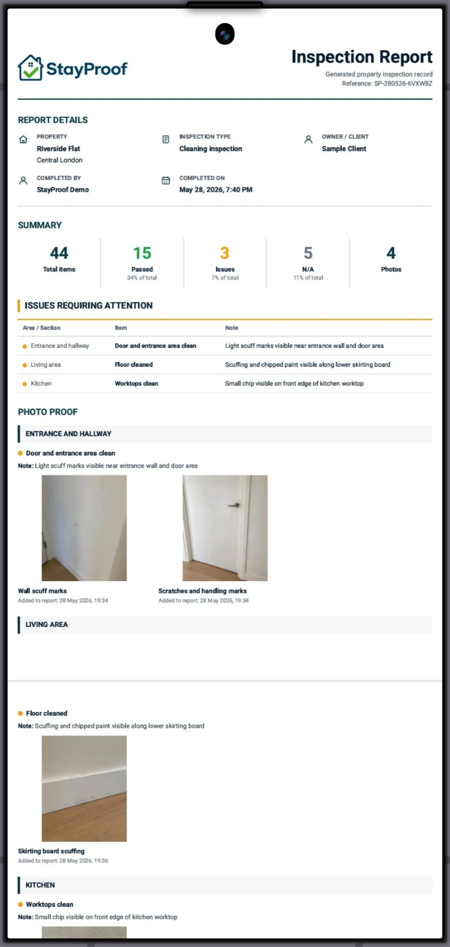 StayProof generated PDF inspection report